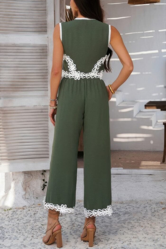 Two pieces v neck button lace decorate long pants - image 17