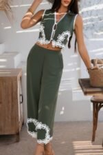 Two Pieces V Neck Button Lace Decorate Long Pants - Image 18
