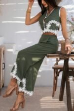 Two Pieces V Neck Button Lace Decorate Long Pants - Image 19