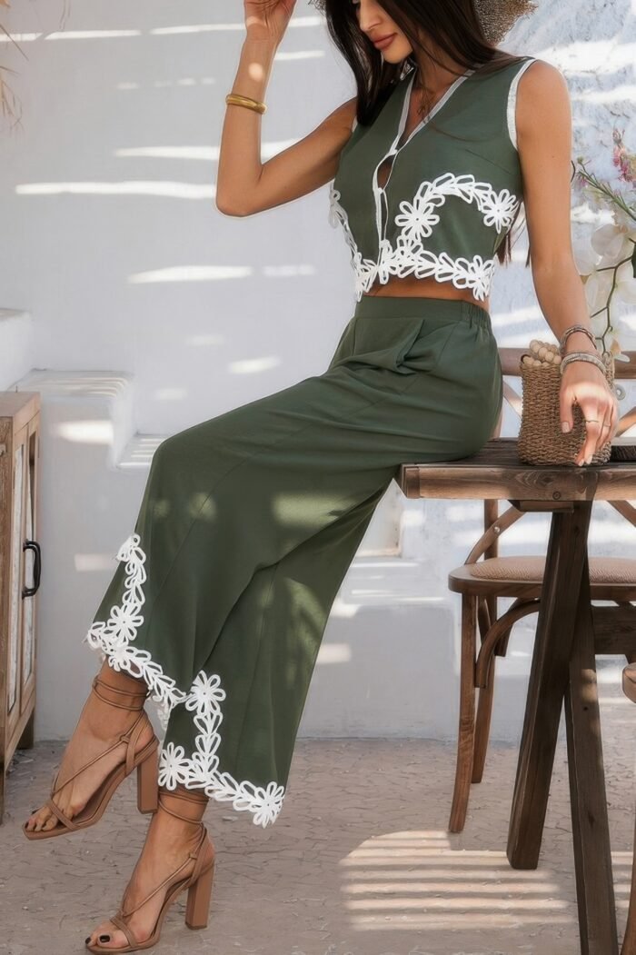 Two pieces v neck button lace decorate long pants - image 19