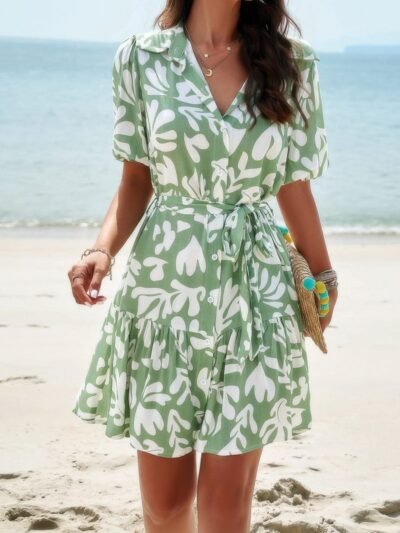 Random Print Button Down Belt Ruffle Midi Dress