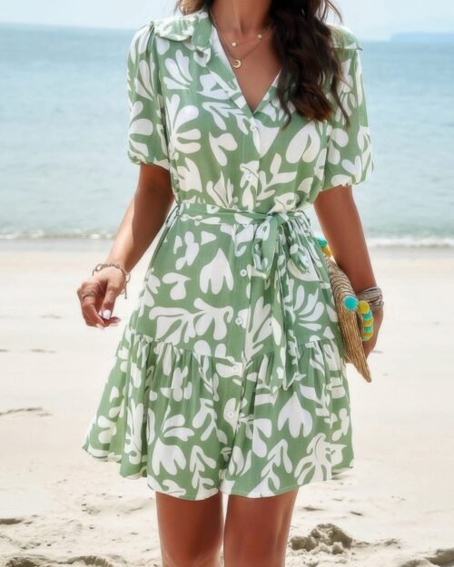 Random Print Button Down Belt Ruffle Midi Dress