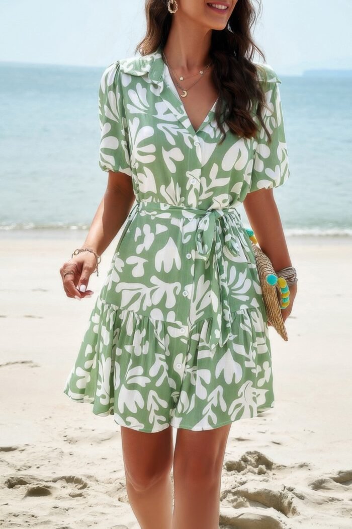 Random print button down belt ruffle midi dress - image 1
