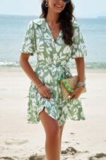 Random Print Button Down Belt Ruffle Midi Dress - Image 3