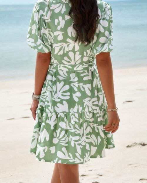 random print button down belt ruffle midi dress