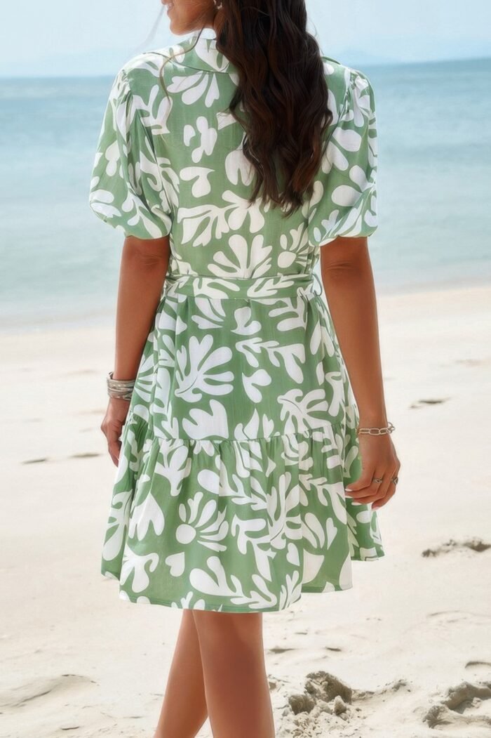 Random print button down belt ruffle midi dress - image 4