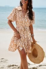 Random Print Button Down Belt Ruffle Midi Dress - Image 6