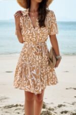 Random Print Button Down Belt Ruffle Midi Dress - Image 7
