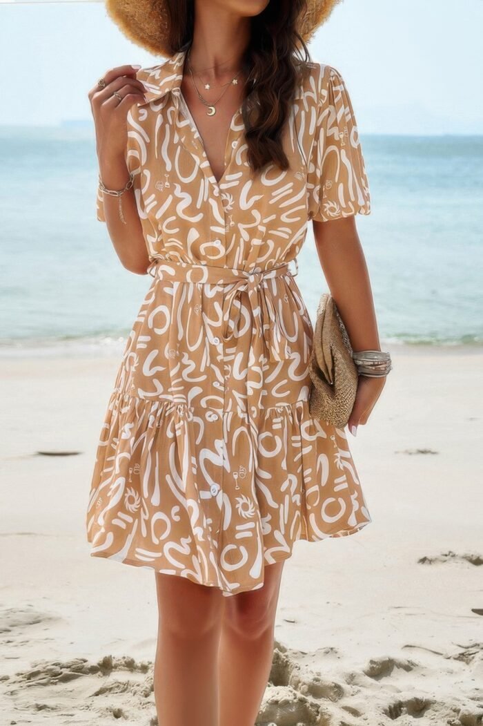 Random print button down belt ruffle midi dress - image 7