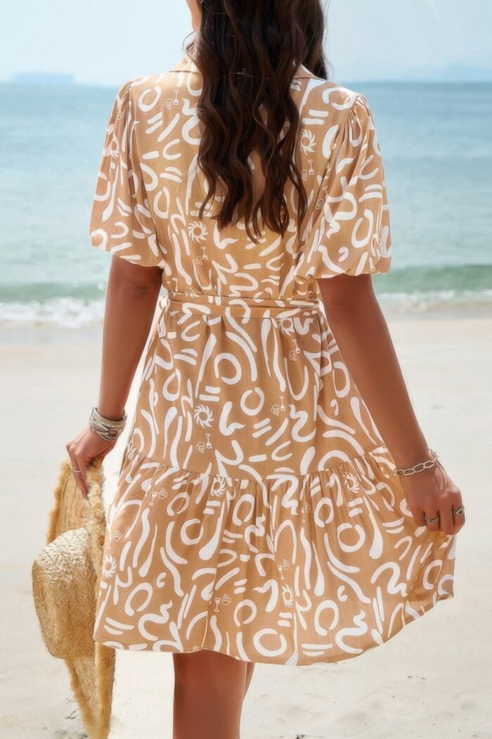 Random print button down belt ruffle midi dress - image 8