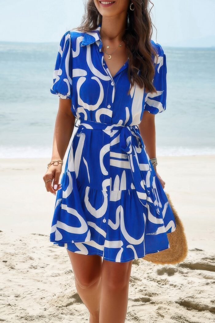 Random print button down belt ruffle midi dress - image 12