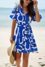 Random Print Button Down Belt Ruffle Midi Dress - Image 13