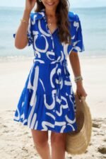 Random Print Button Down Belt Ruffle Midi Dress - Image 14