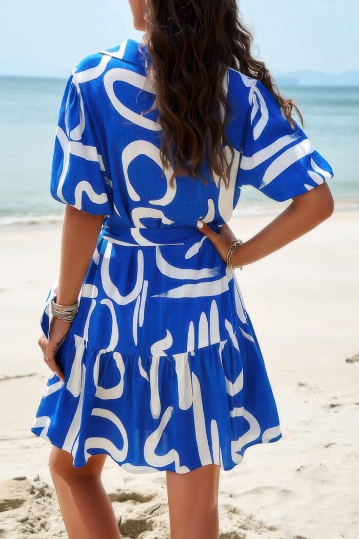 Random print button down belt ruffle midi dress - image 15