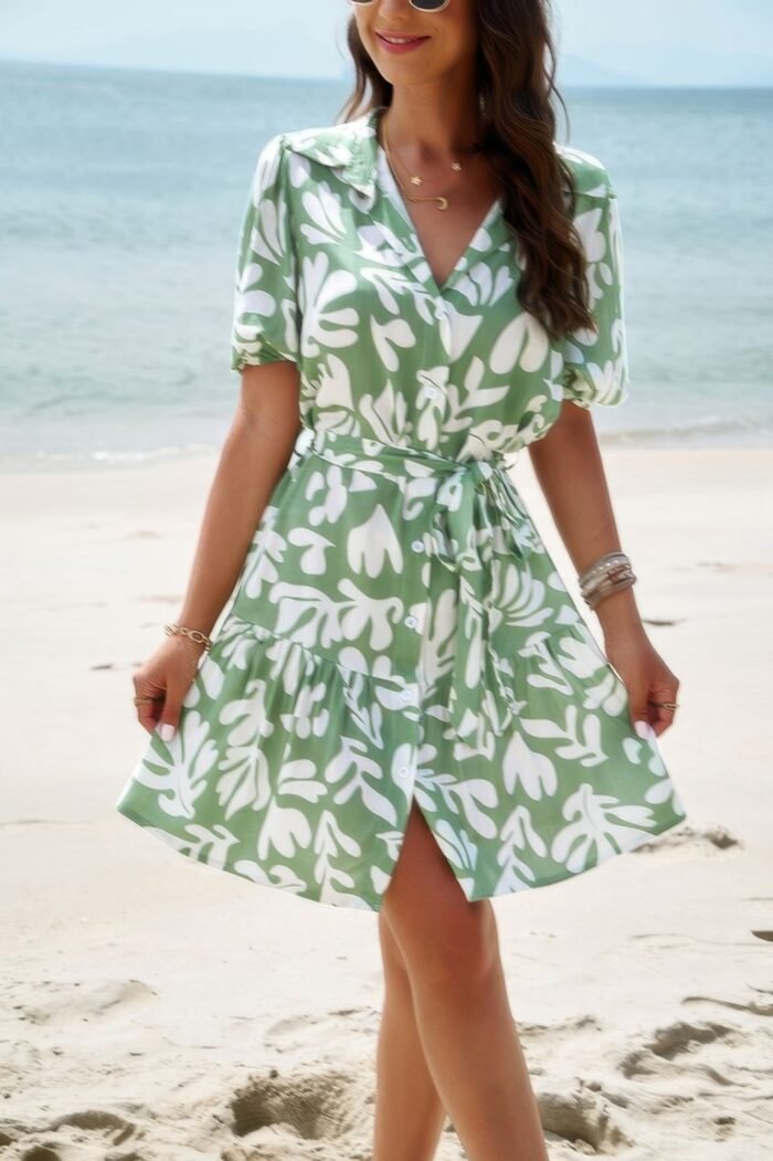 Random print button down belt ruffle midi dress - image 2