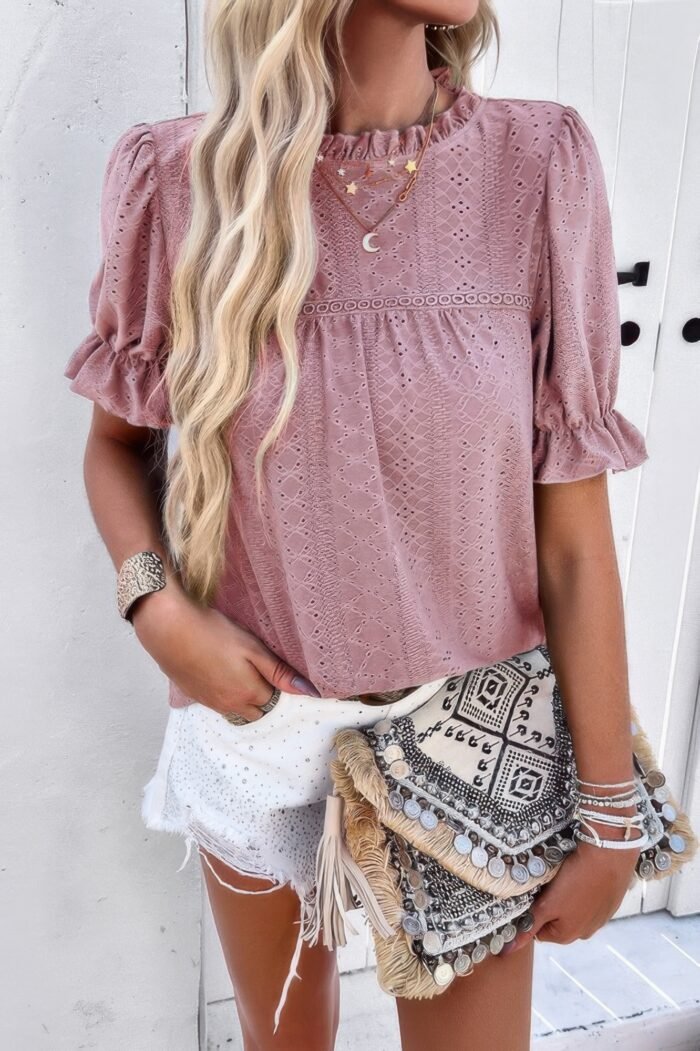 Round Neck Embroidery Ruffle Sleeve Loose Fit Shirt - Image 1