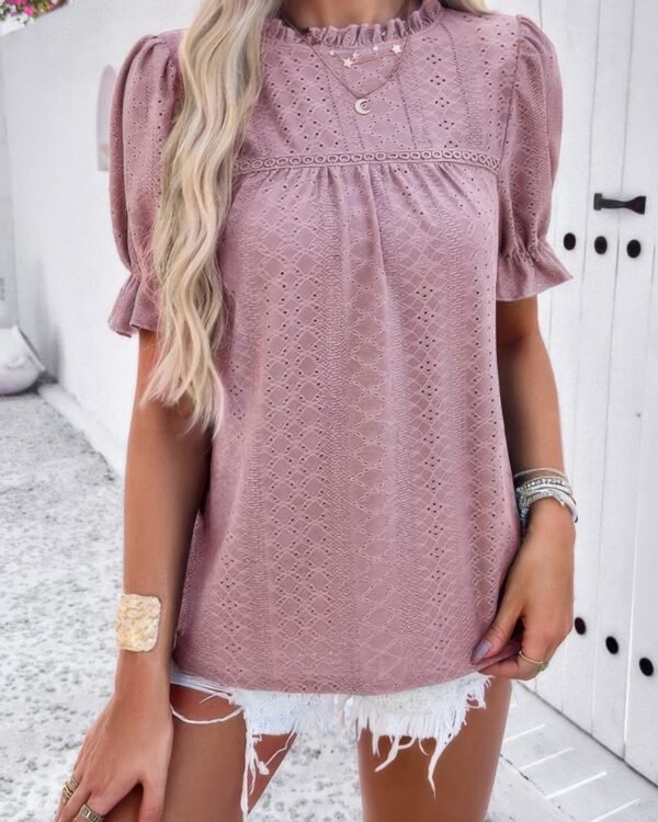 Round Neck Embroidery Ruffle Sleeve Loose Fit Shirt