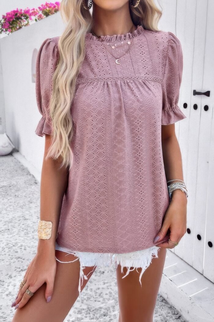 Round Neck Embroidery Ruffle Sleeve Loose Fit Shirt - Image 2