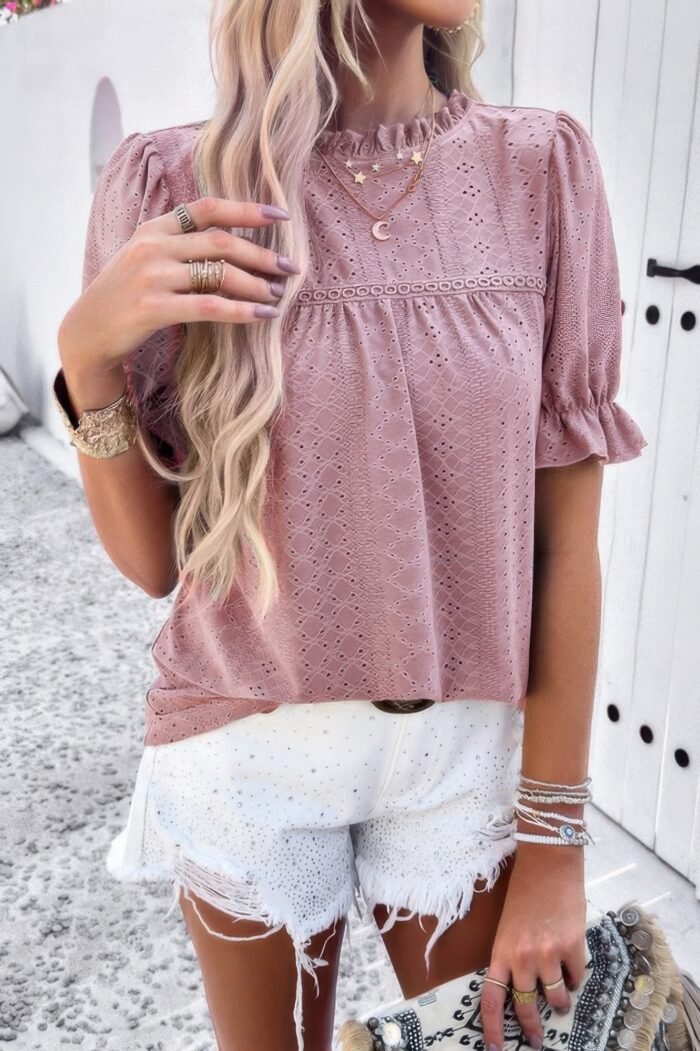 Round Neck Embroidery Ruffle Sleeve Loose Fit Shirt - Image 4
