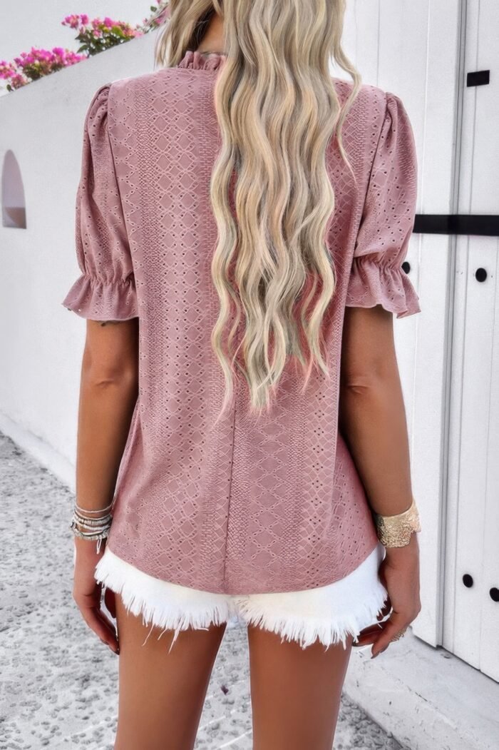 Round Neck Embroidery Ruffle Sleeve Loose Fit Shirt - Image 5