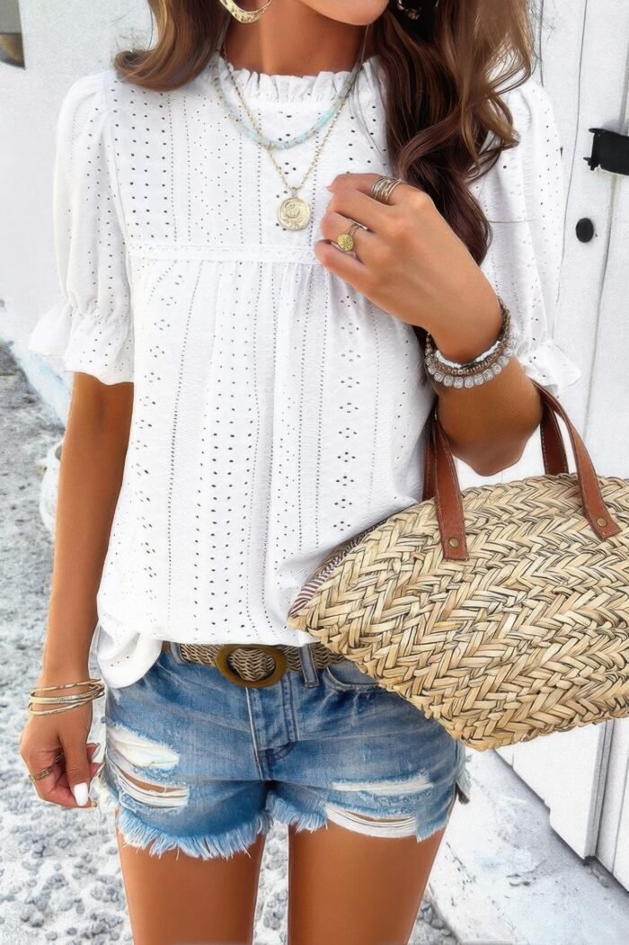 Round Neck Embroidery Ruffle Sleeve Loose Fit Shirt - Image 6