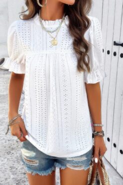 Round Neck Embroidery Ruffle Sleeve Loose Fit Shirt