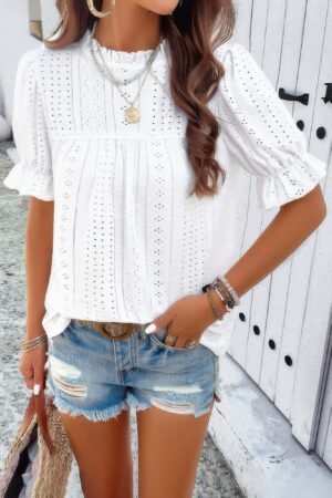 Round Neck Embroidery Ruffle Sleeve Loose Fit Shirt