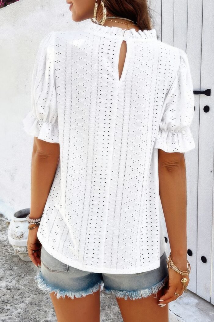 Round Neck Embroidery Ruffle Sleeve Loose Fit Shirt - Image 10