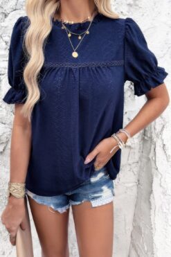 Round Neck Embroidery Ruffle Sleeve Loose Fit Shirt