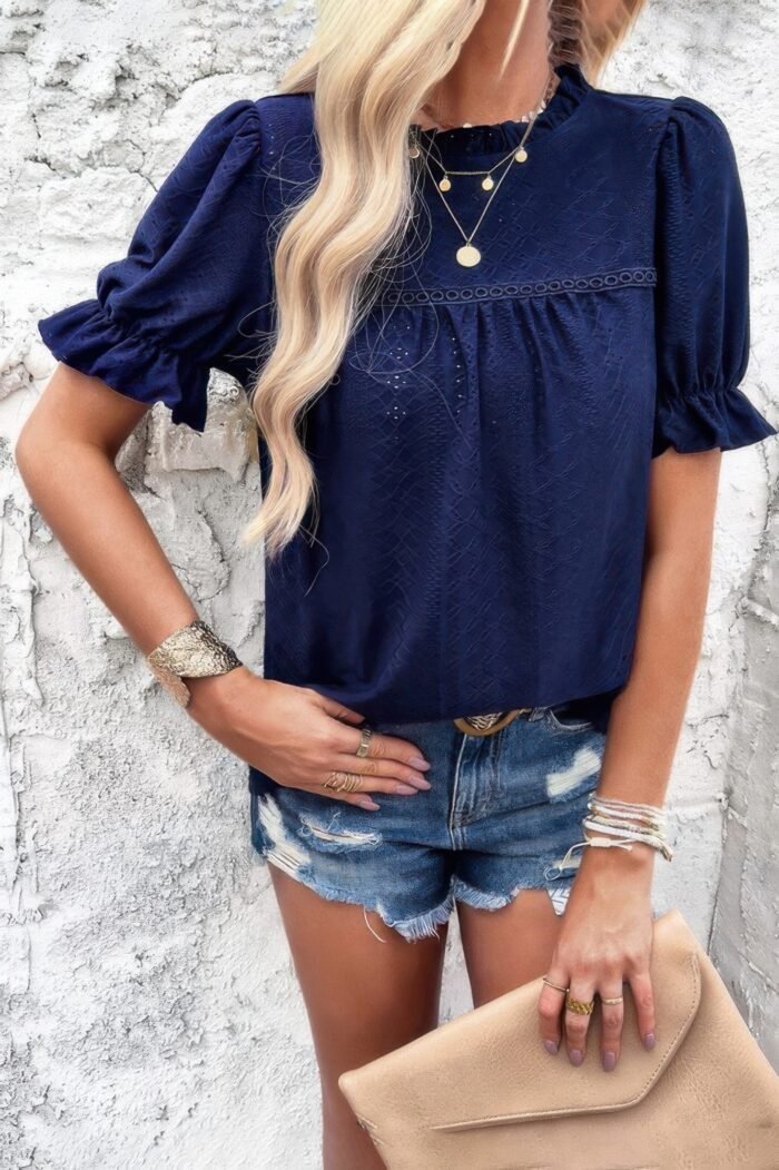 Round Neck Embroidery Ruffle Sleeve Loose Fit Shirt - Image 13