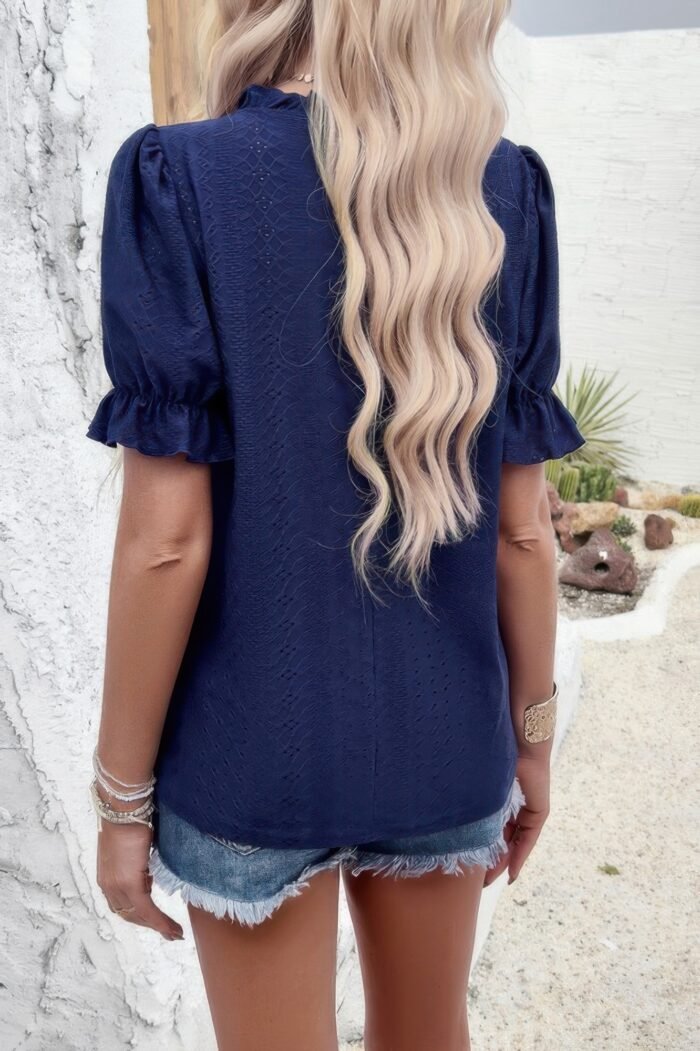 Round Neck Embroidery Ruffle Sleeve Loose Fit Shirt - Image 14