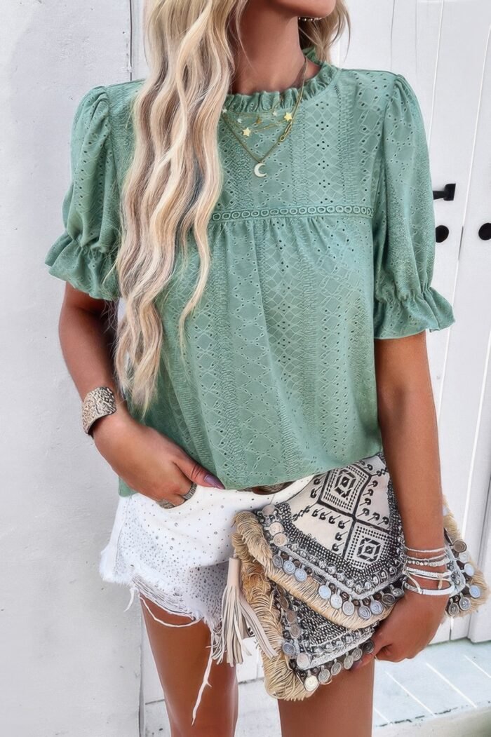 Round Neck Embroidery Ruffle Sleeve Loose Fit Shirt - Image 15