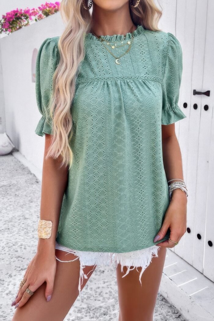 Round Neck Embroidery Ruffle Sleeve Loose Fit Shirt - Image 17