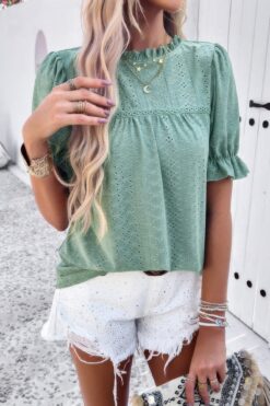 Round Neck Embroidery Ruffle Sleeve Loose Fit Shirt