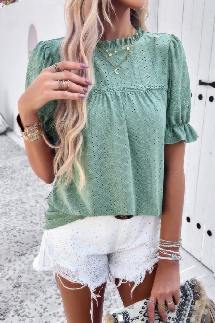 Round Neck Embroidery Ruffle Sleeve Loose Fit Shirt - Image 19