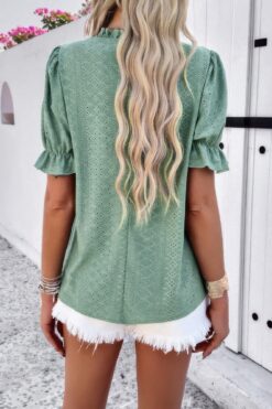 Round Neck Embroidery Ruffle Sleeve Loose Fit Shirt