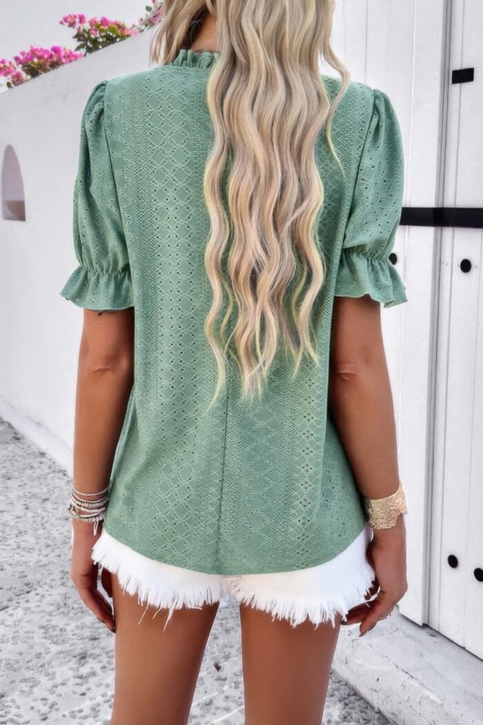 Round Neck Embroidery Ruffle Sleeve Loose Fit Shirt - Image 20