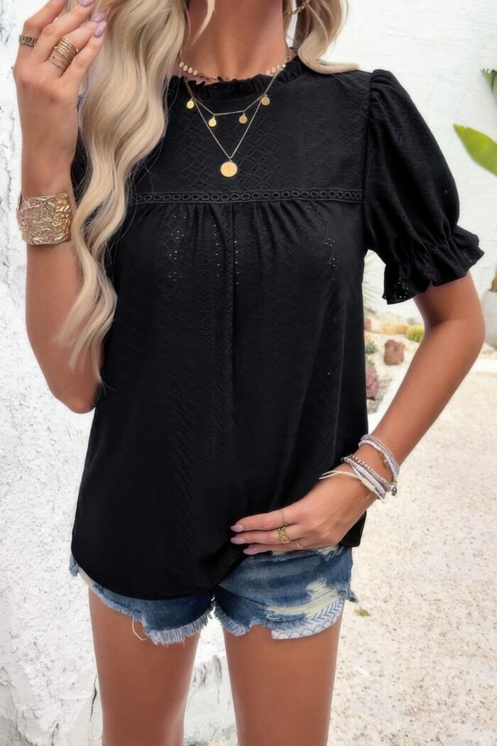 Round Neck Embroidery Ruffle Sleeve Loose Fit Shirt - Image 22