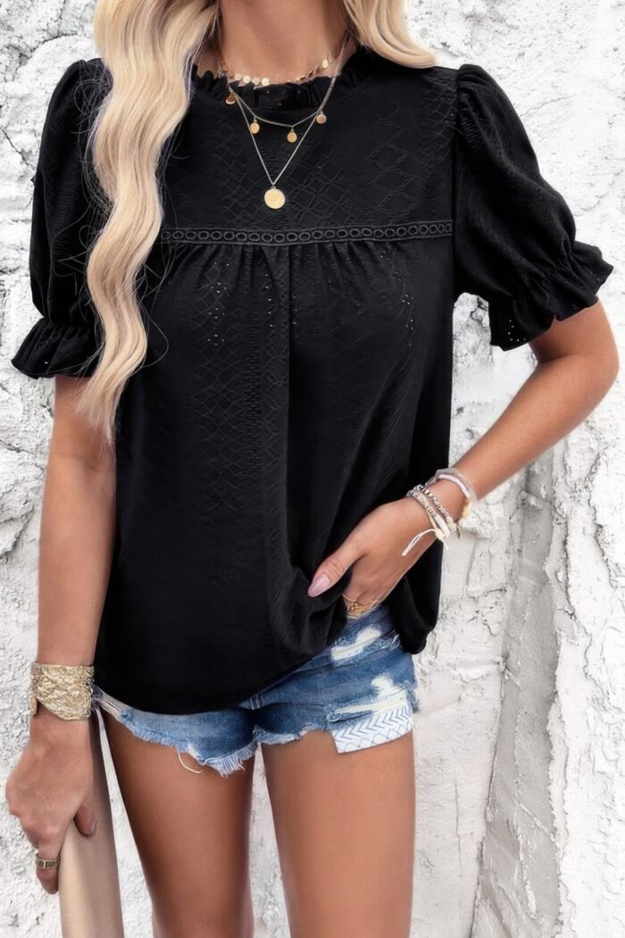Round Neck Embroidery Ruffle Sleeve Loose Fit Shirt - Image 23