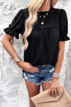Round Neck Embroidery Ruffle Sleeve Loose Fit Shirt