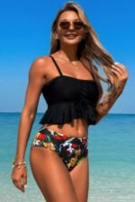 Ruffle Falbala Waist Knot Front Tankini Swimsuit