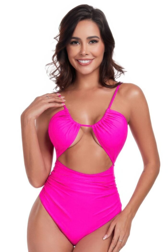 One Piece Solid Ruched Strap Cut Out Swimsuit - Image 1