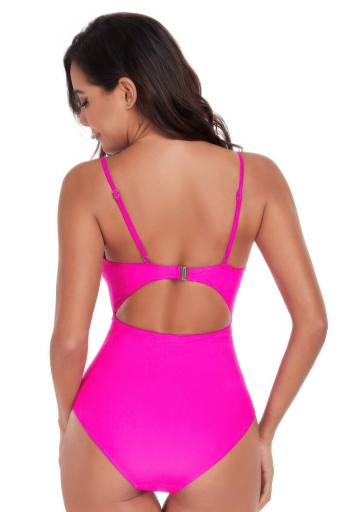 One Piece Solid Ruched Strap Cut Out Swimsuit - Image 2