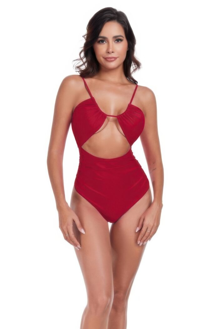 One Piece Solid Ruched Strap Cut Out Swimsuit - Image 3