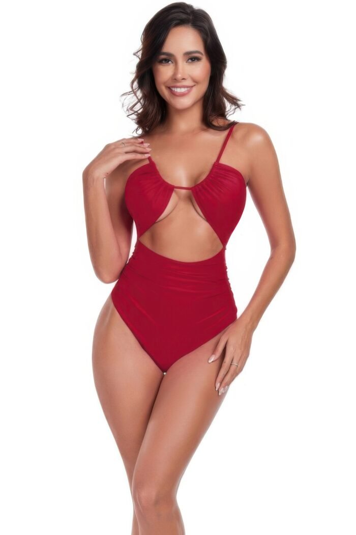 One Piece Solid Ruched Strap Cut Out Swimsuit - Image 4