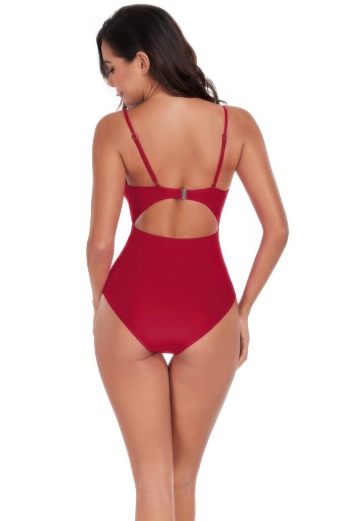 One Piece Solid Ruched Strap Cut Out Swimsuit - Image 5