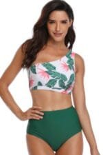Two Pieces One Shoulder Printed Swimsuit