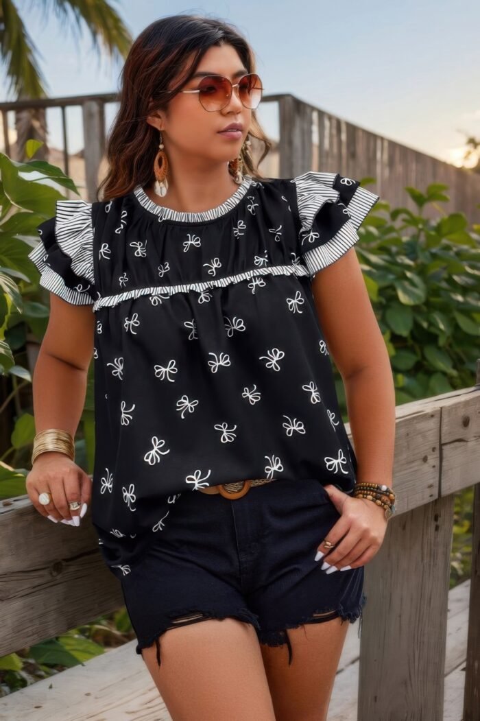 Plus size ruffle hem random print loose shirt - image 3