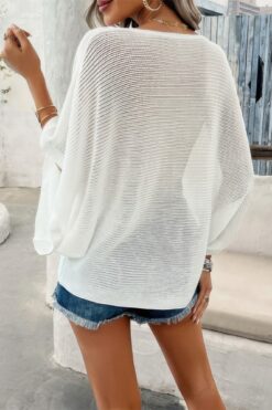 Solid V Neck Knit Loose Fit Bat Sleeves Top