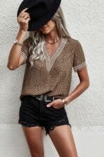 Animal Print V Neck Crop Short Sleeve Shirt